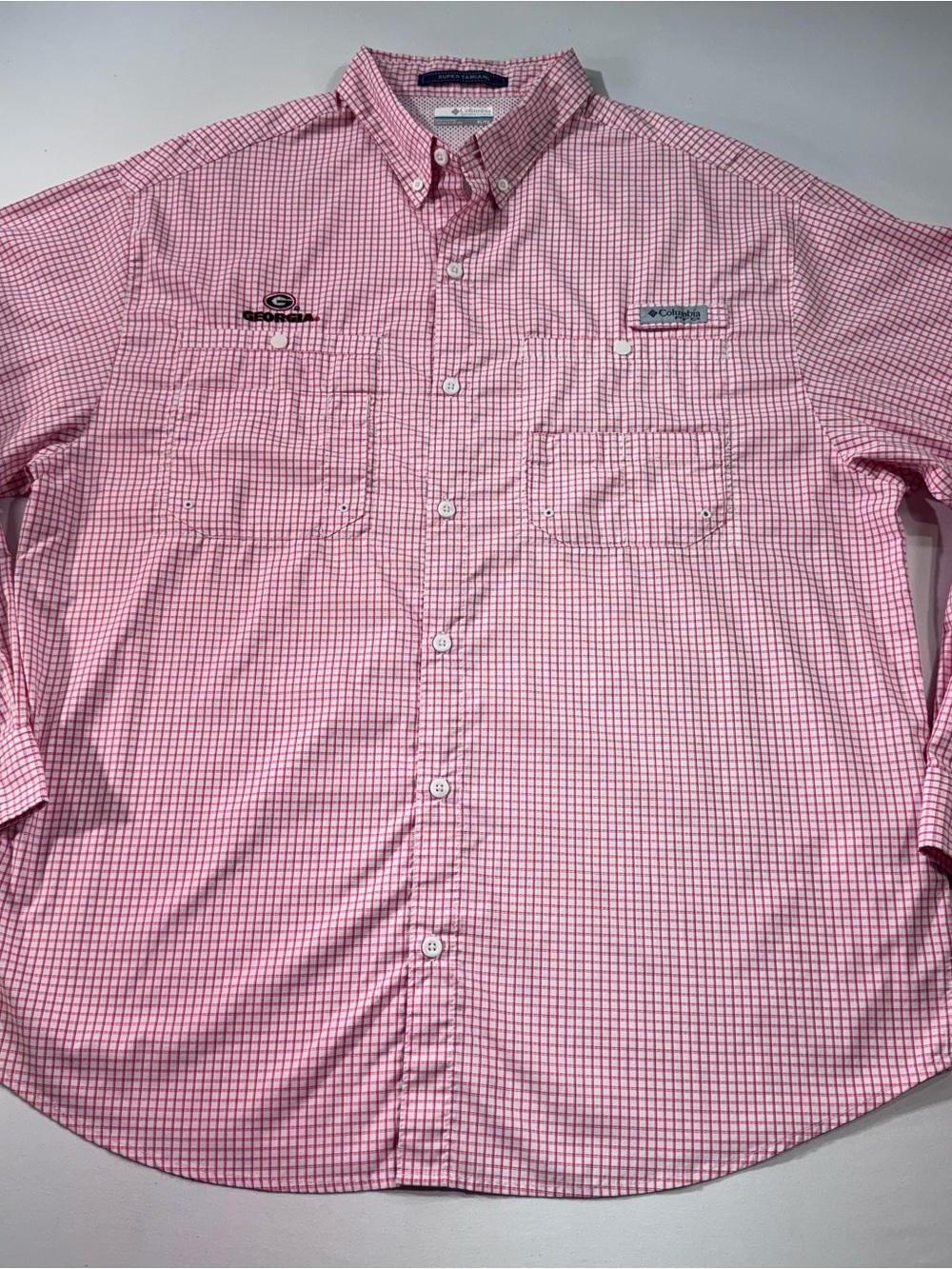 COLUMBIA Mens PFG Super Tamiami, Georgia Logo, NCAA, Red/White Micro-Checks, XL